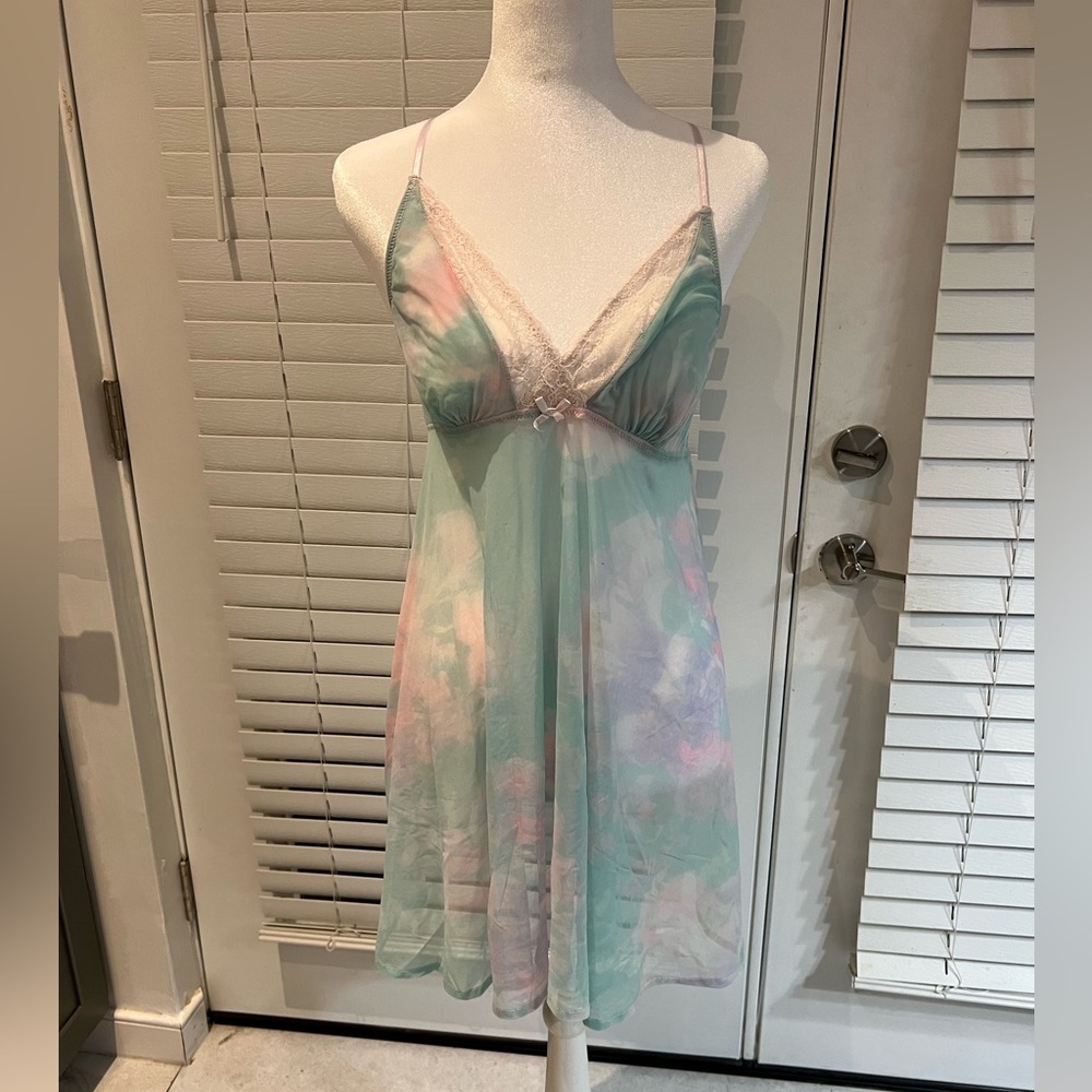 Pastel tie-dye ombre fairycore babydoll slip dress with lace trim and bow